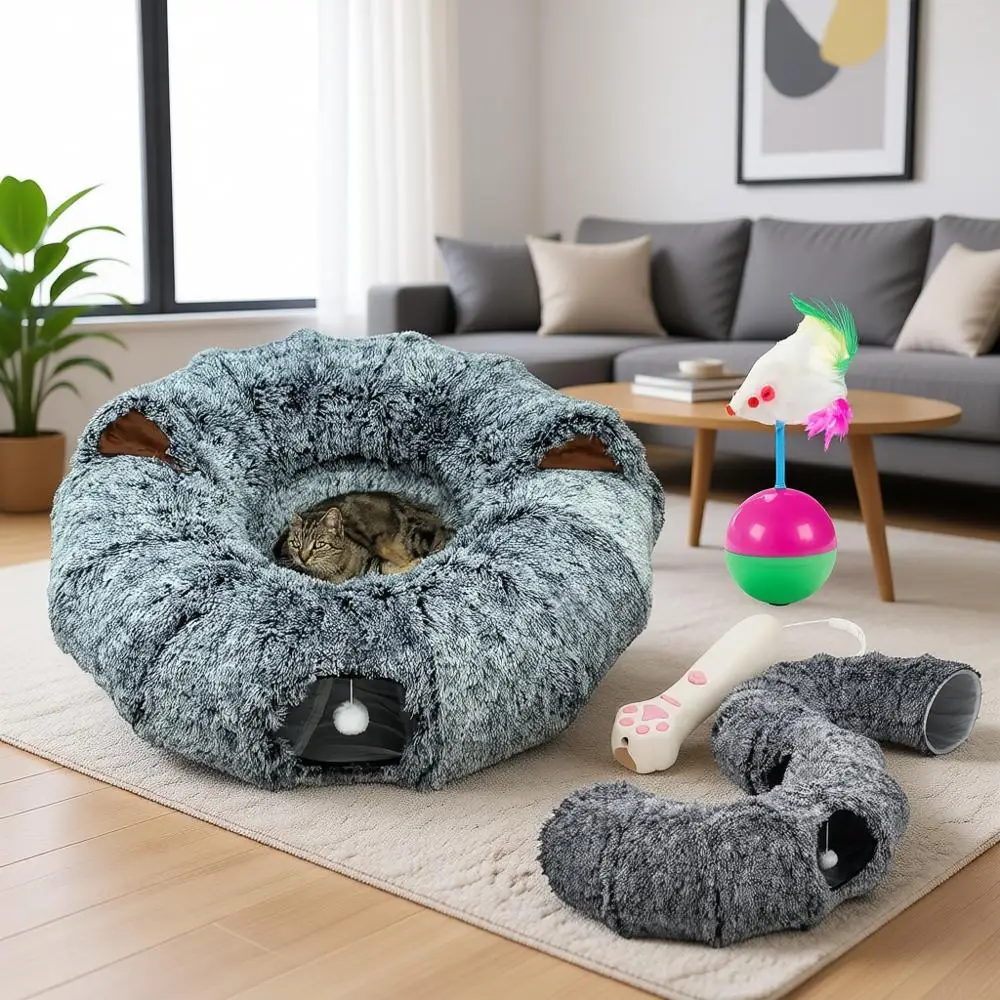 

XL Plush Cat Tunnel Bed with Toy and Elderly Feline Access. 3-in-1 Dark Grey Fluffy Donut Cushion with Ears. Circle Tube for Ind