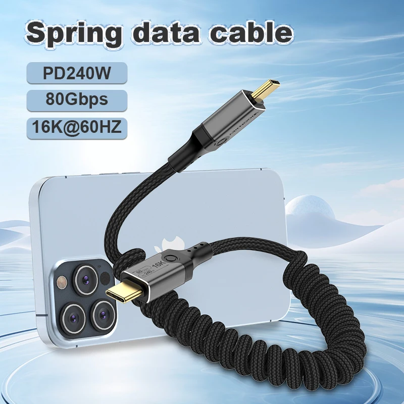 Thunderbolt 5 Spring Type-C Cable 120Gbps PD240W Type C Fast Charge 16K USB-C Video Cord for MacBook Pro 2025/Dell XPS Nylon