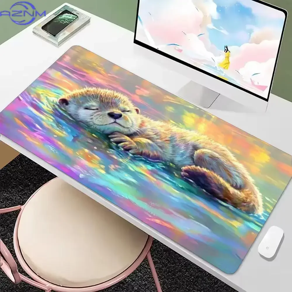 Otter Floating Rainbow Watercolor XXL Mouse Pad Non Slip Rubber Base HD Print Oversized Desk Mat for Cute Animal Computer