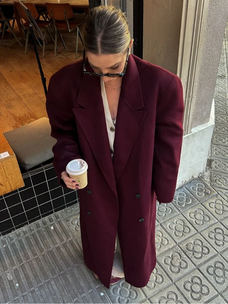 2024 Fashion Burgundy Red Double Breasted Oversized Overcoat Women Casual Lapel Pockets Long Sleeve Coats Female High Streetwear