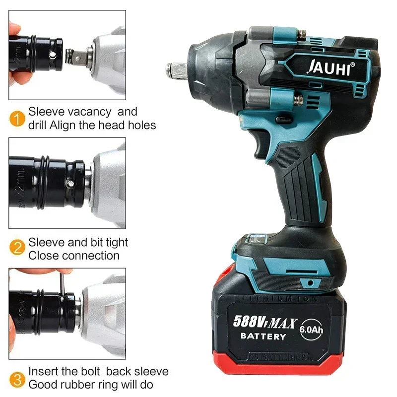 JAUHI 588VF 1800 N.M Torque Brushless Electric Impact Wrench 1/2 In With 30000mAh Lithium-Ion Battery For Makita 18V Battery