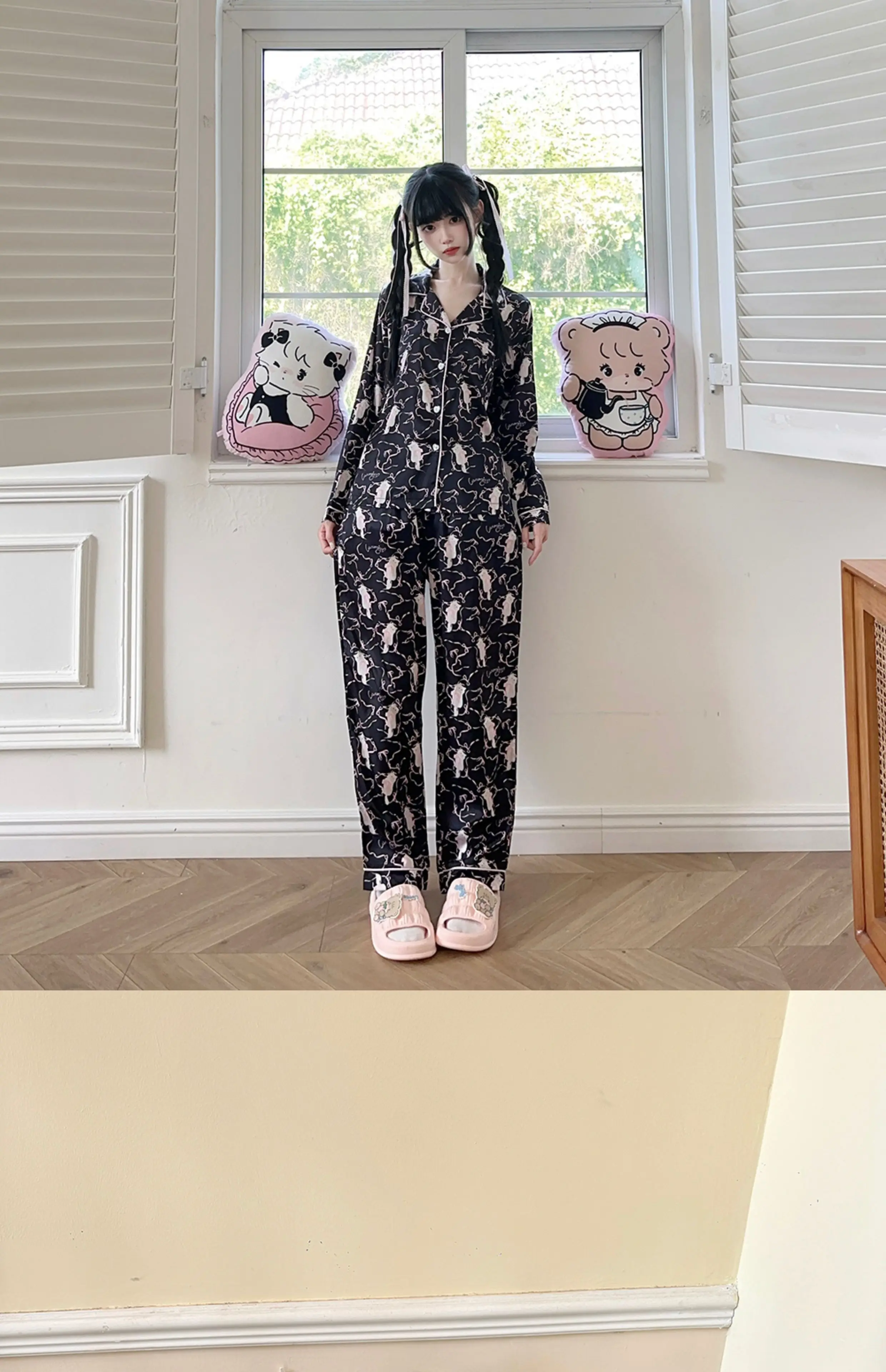 Spring and Summer Long Sleeve and Short Sleeve Cartoon Cat Printing Polyester Silk Cute Ice Silk Loungewear Pajama Suit Women