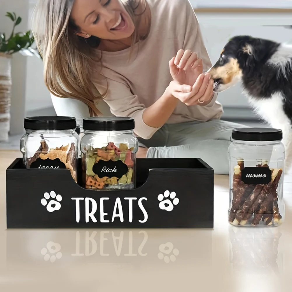 

Wooden Pet Snack Storage Box with Plastic Treat Jar Food Storage Holder (Black)
