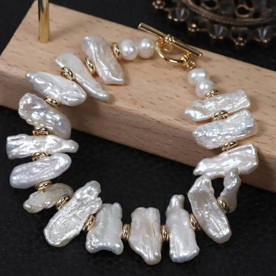 Natural Lute Pearl White freshwater Pearl bracelet 7.5 inches Durable Link Eco-Friendly Handmade Trendy Ethnic Minimalist Women