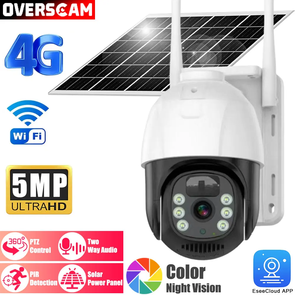 

Solar Rechargeable Battery 5MP Wifi/4G SIM Card Powered Security PTZ IP Camera PIR Detection Two-Way Audio Record Outdoor Camera