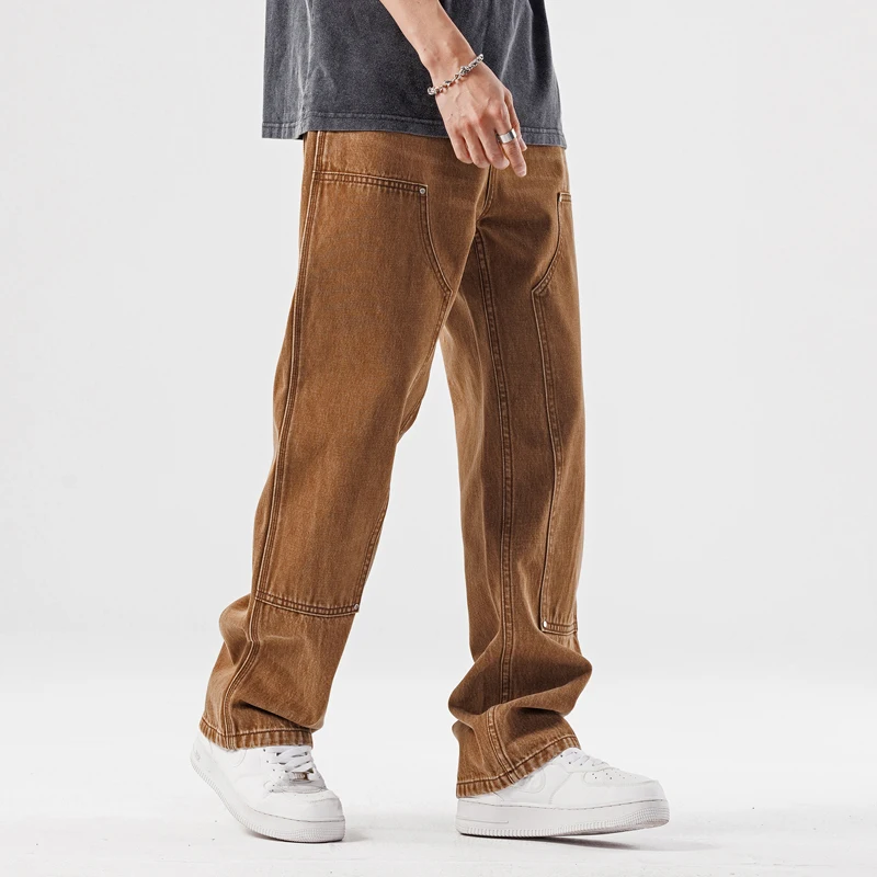 New Loose Brown Jeans for Mens Spring and Summer Straight Pocket Decorative Pants