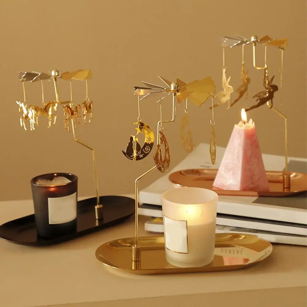 Gold Romantic Rotating Spinning Candle Holder Wedding Party Home Decoration Metal Tealight Candlestick