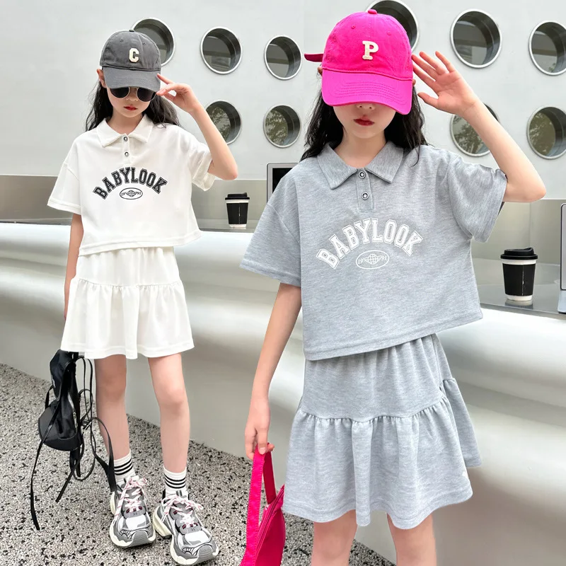 2024 spring summer girls tennis polo tracksuit short t-shirt + loose sport pleated skirt teenager children set 5 6 8 10 12 year