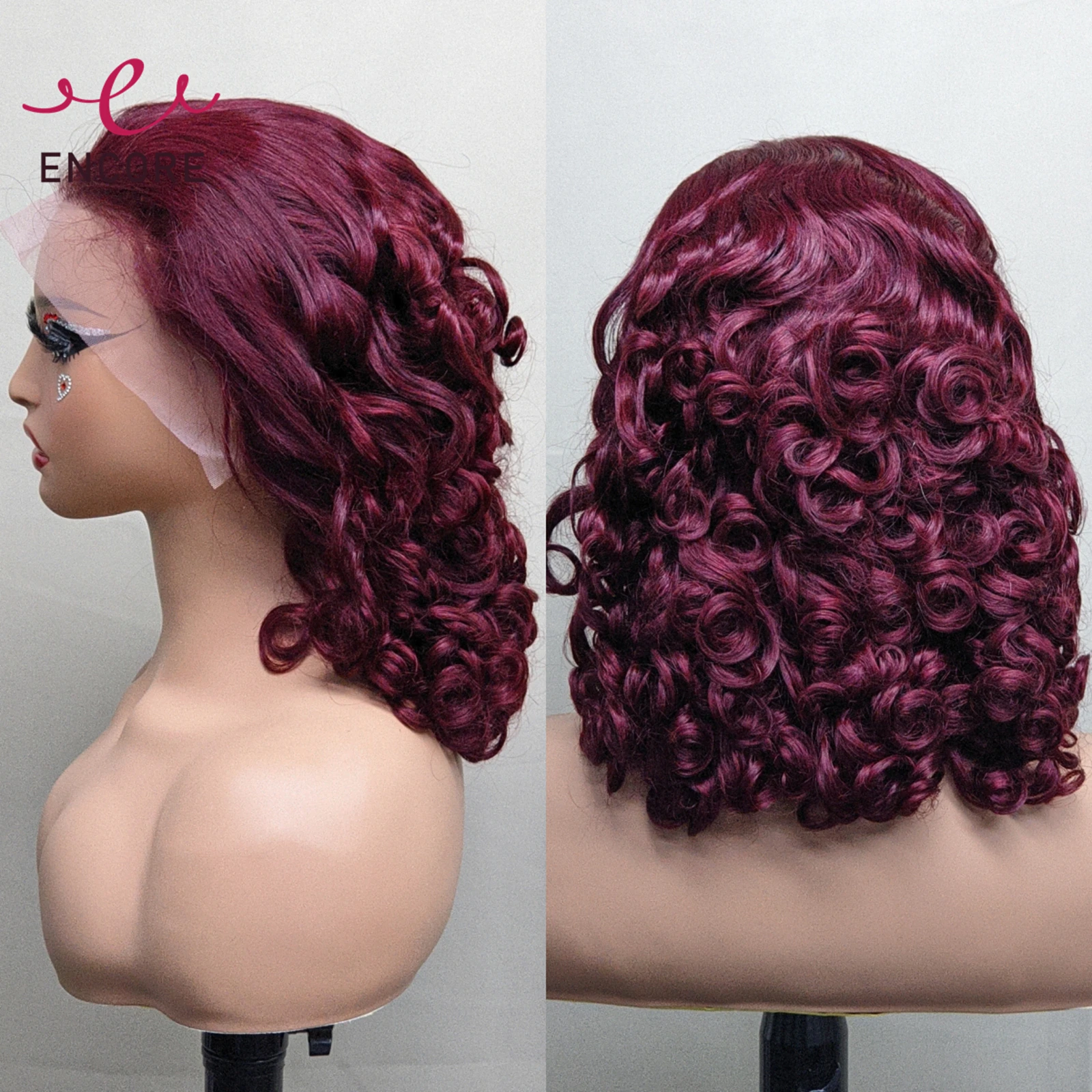 

16 Inch Spring Bouncy Curly 13x4 Lace Frontal Wig Burgundy 250% Density Brazilian Remy Human Hair Wigs Short Loose Wave Bob Wigs