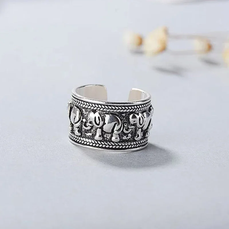 

Trendy 925 Sterling Silver Vintage Animal Elephant Open Rings Thai Silver Jewelry for Women Men Gift Fashion Adjustable Rings