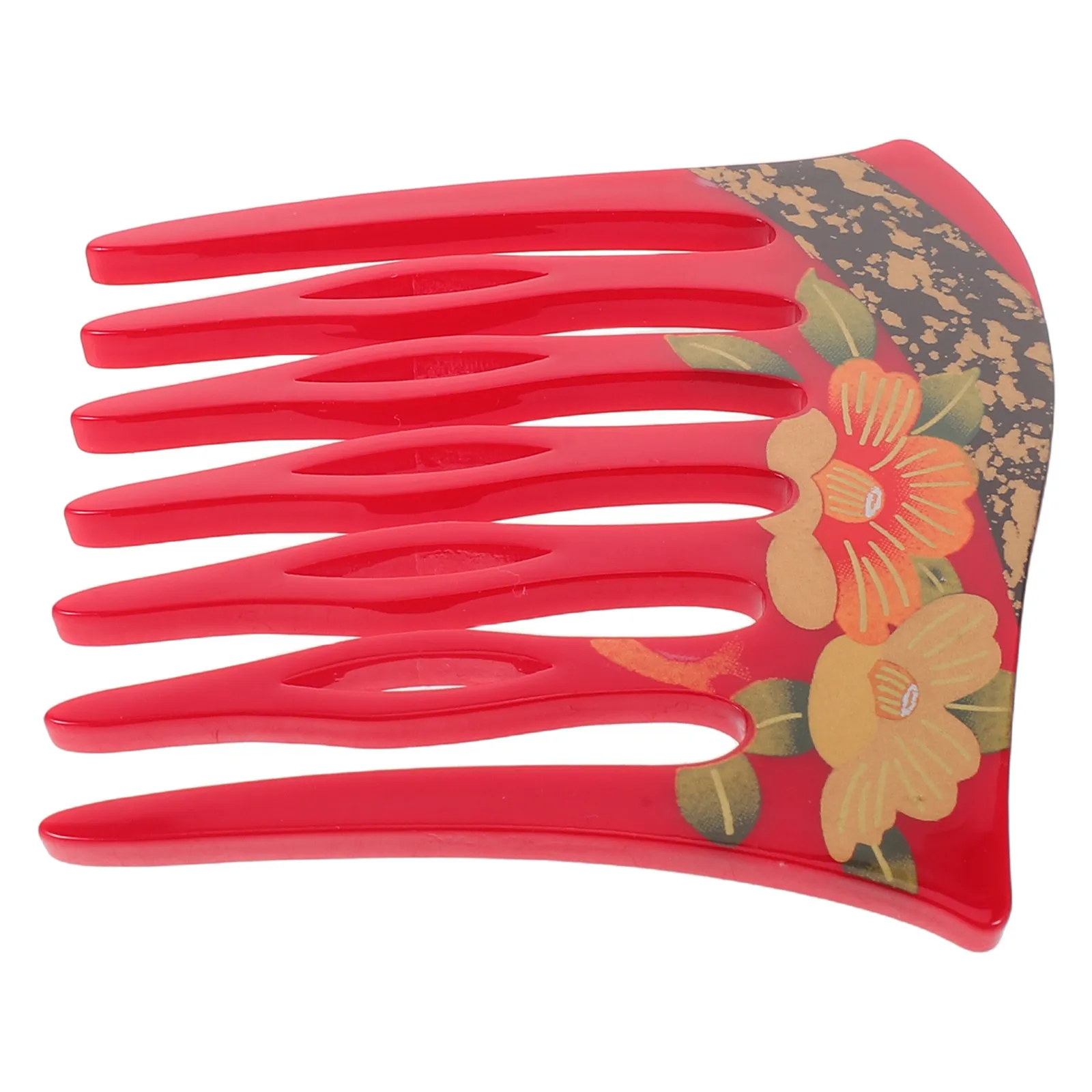 French Hair Side Comb Retro Floral Printed Acrylic U Shaped 7 Tooth Hair Fork Twist Comb Updo Styling Accessories Red