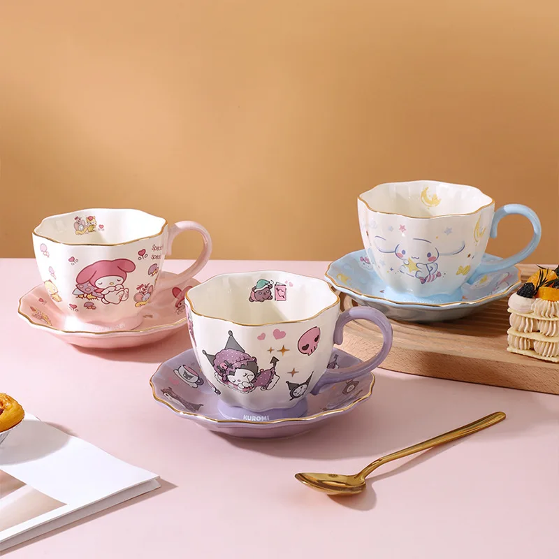 

Kawaii Kuromi Coffee Cup MINISO Anime Cinnamoroll Melody Lovely New Pattern Ceramics Styling Cup A Plate Two Piece Set New