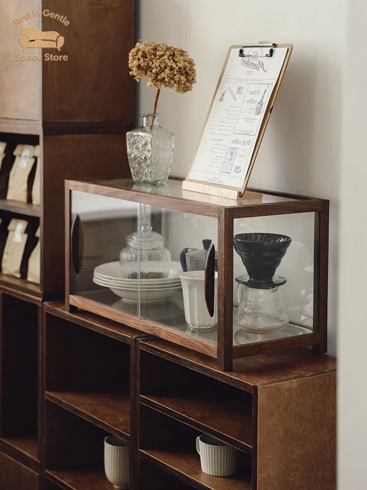 Vintage black walnut wood solid wood glass bread display cabinet, coffee shop dessert tea set display rack, storage cabinet