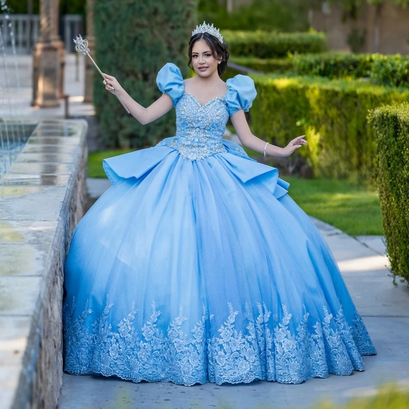 

Sky Blue Shiny Quinceanera Dresses Off The Shoulder Sequin Applique Beading Crystal Tull Party Birthday Sweet 16 Dress Vestidos