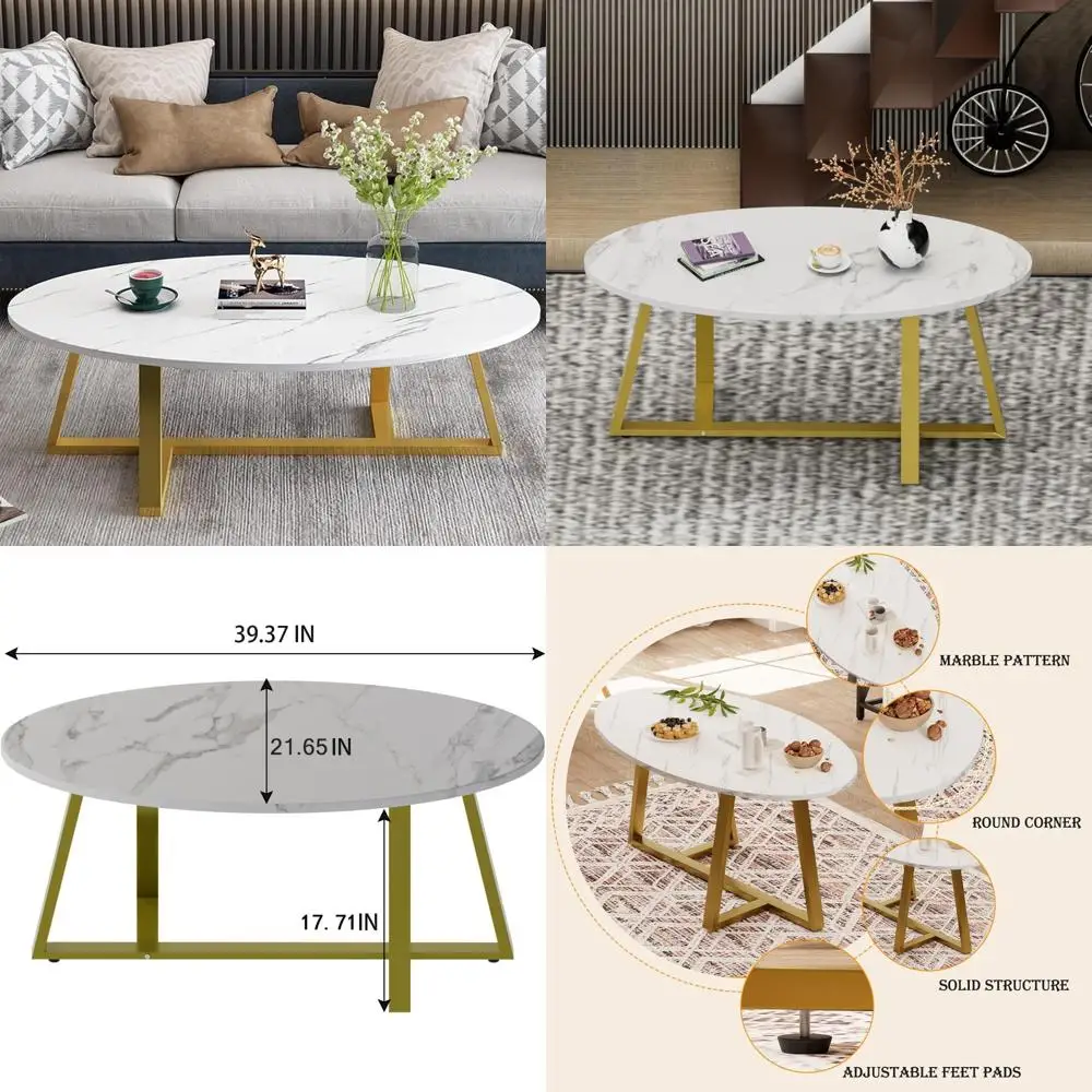 Modern Oval White Faux Marble Coffee Table for Small Living Room Spaces