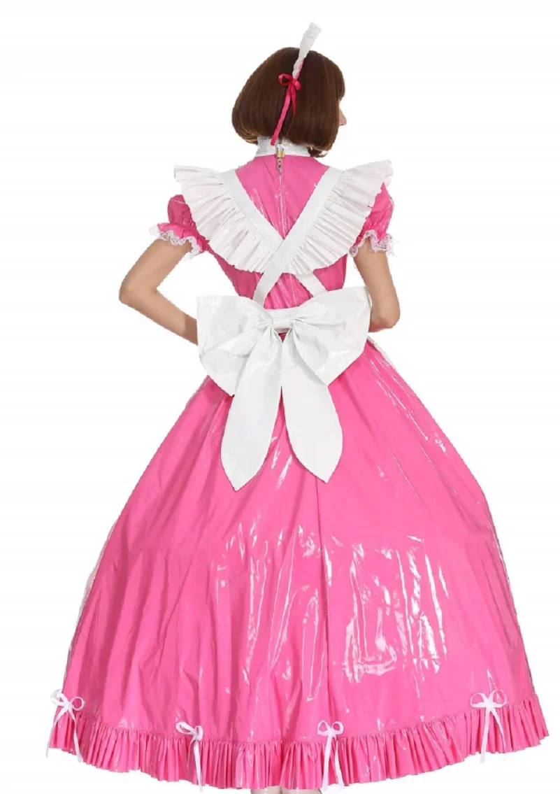 Hot Selling New Sissy Gothic Bow Pink PVC Lockable Dress Crossover Long Sleeves Role Play Customization