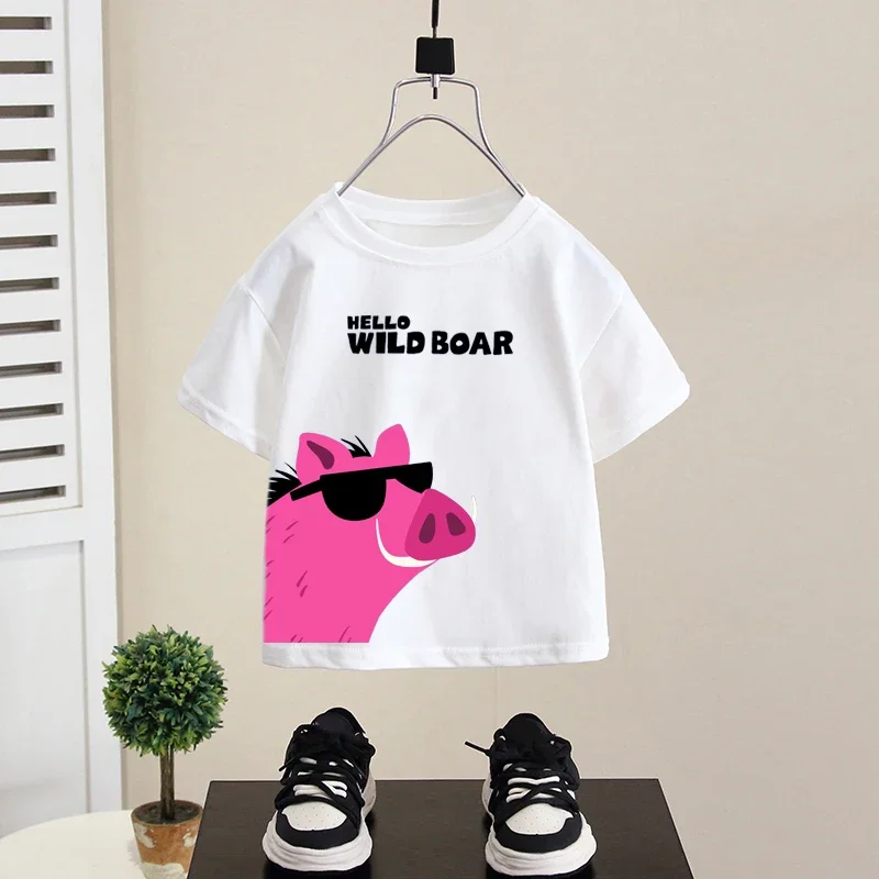 

Kids Tees Boys Clothes Black Breathable Sports Top 2025 New Summer Boys Girls Hello Cotton T Shirts Cartoon WILD BOAR Printed