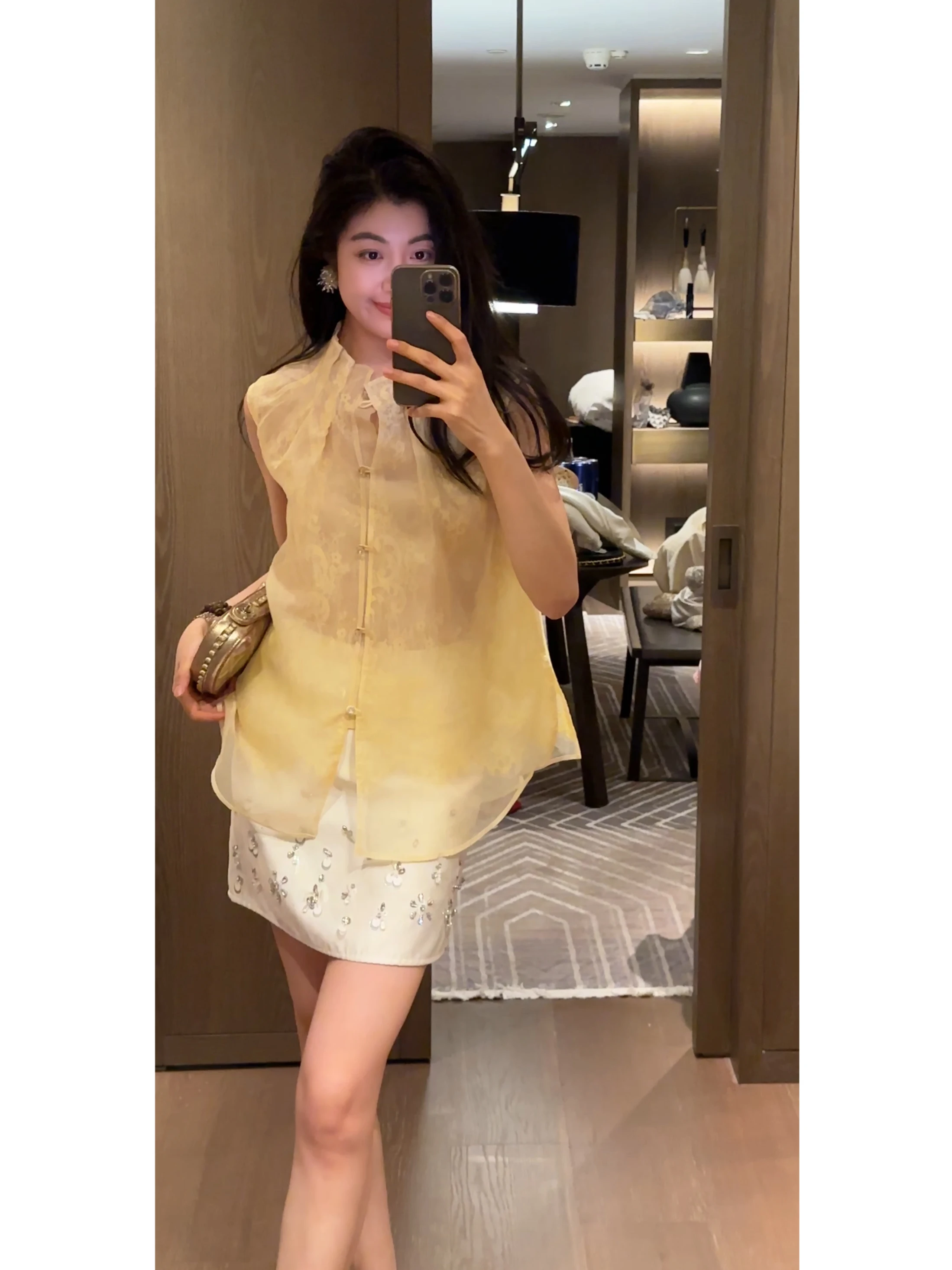 

Nico Summer New 26 Silk Petal Collar See through Shirt Chinese Style Sleeveless Top Women's Fashion Traditional Costume