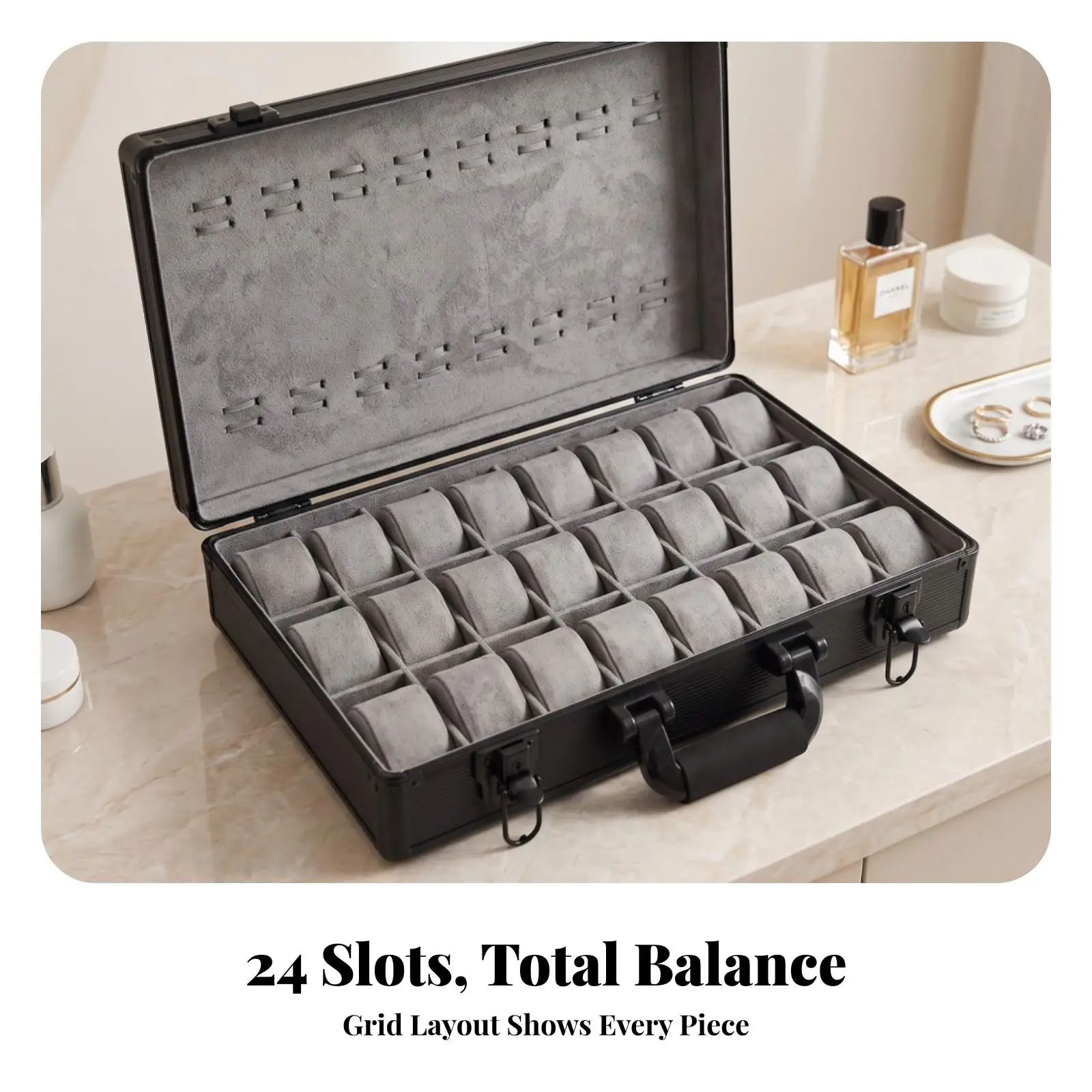Watch Storage Case for 24 Watches Aluminum Alloy Hard Shell Suede Lined Portable Organizer Box with Handle