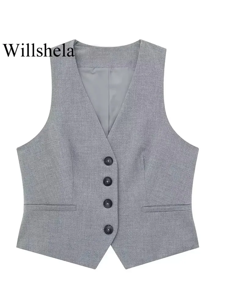 

Willshela Women Fashion Grey Single Breasted Waistcoats Vest Vintage V-Neck Sleeveless Jackets Female Chic Lady Tank Tops