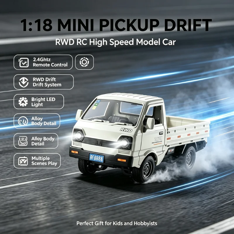 KF31 1:18 Scale RC Mini Cargo Truck, Remote Control Drift Car With Spray Light Effect, Vehicle Model Toy Gift for Kids & Childre