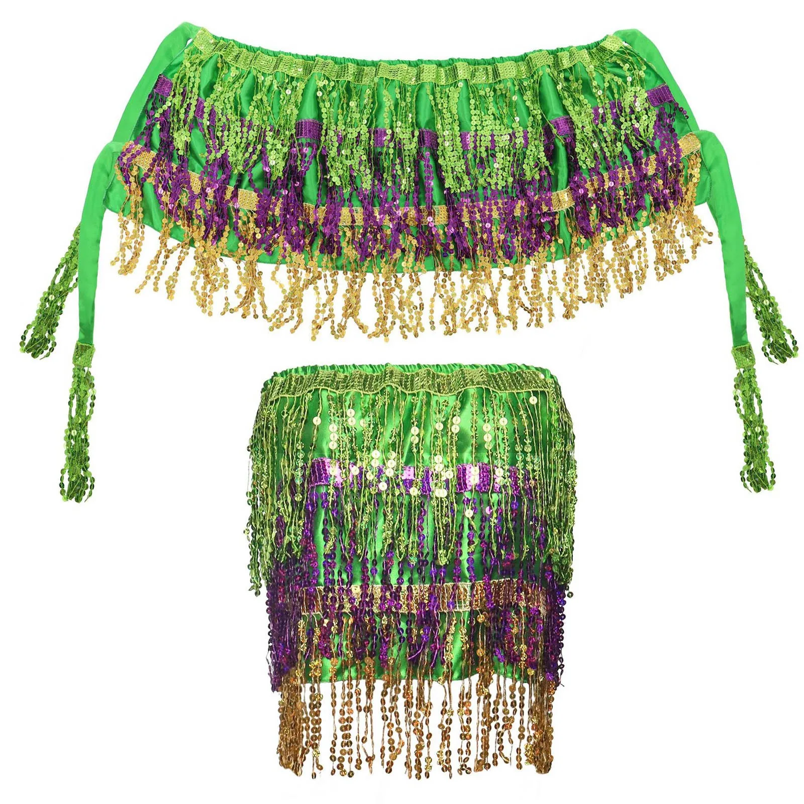 Carnival Purple Green Sequin Short Dress Set Party Prom Plunge Belly Dance Character Fringe Halter Mardi Gras Women's Costume