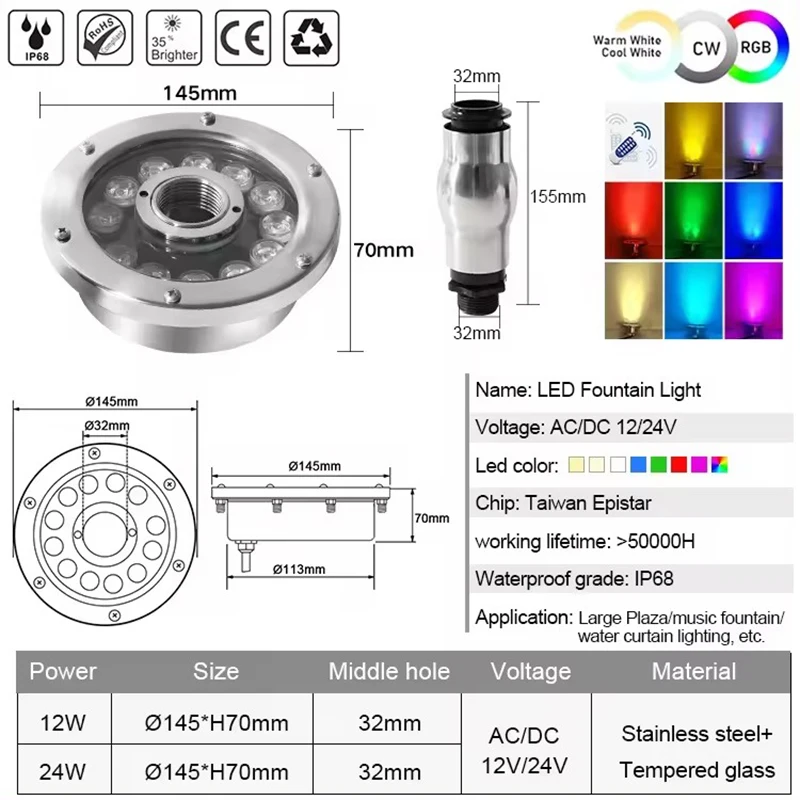 Ip68 12w/24w muzyczny taniec 12V 24V Dmx512 dysza strumień wody pod ciśnieniem Rgb Led nieskazitelna stalowa temperatura barwowa biała/ciepła biel/