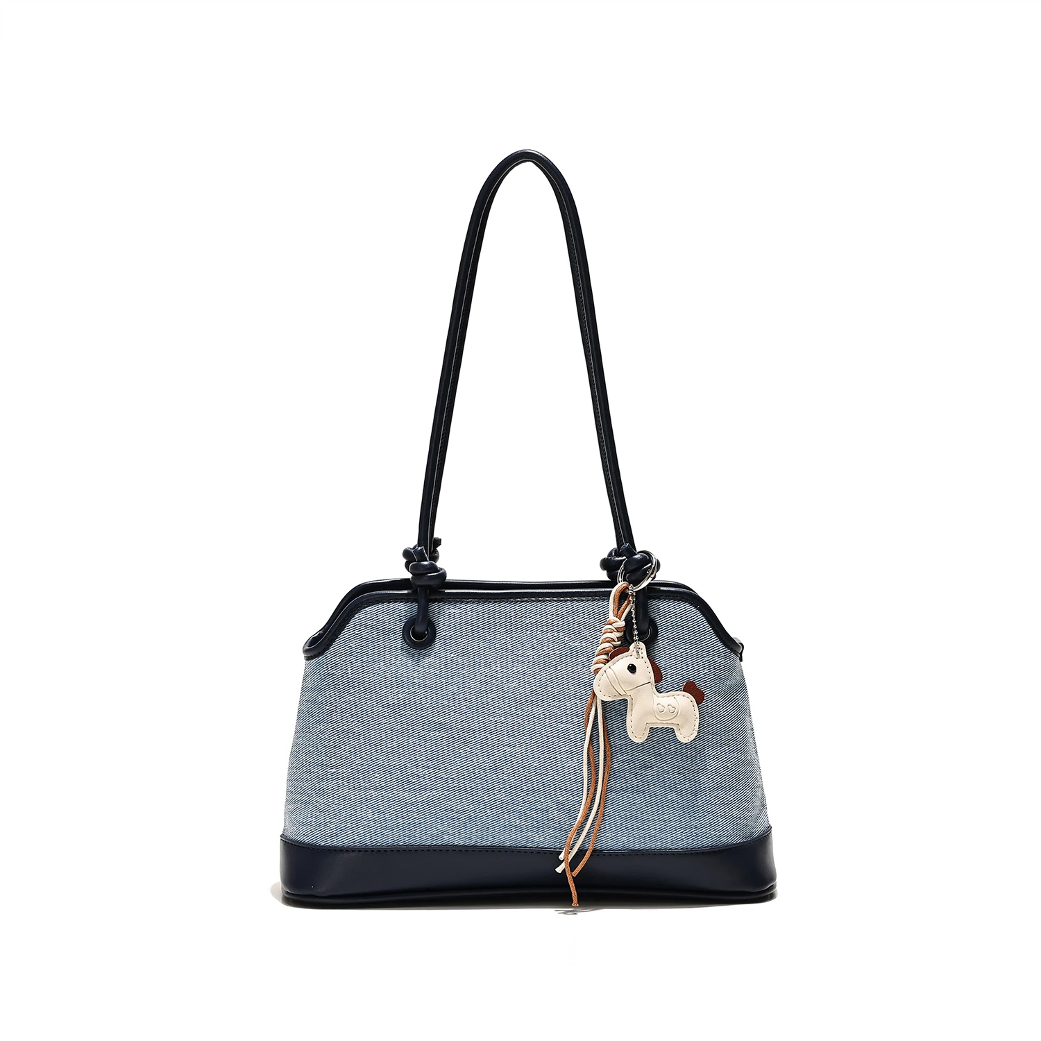 

Women Denim Canvas Top-Handle Tote Bag, Patchwork PU Leather Shoulder Handbag with Cute Horse Charm, Large Capacity Underarm Bag