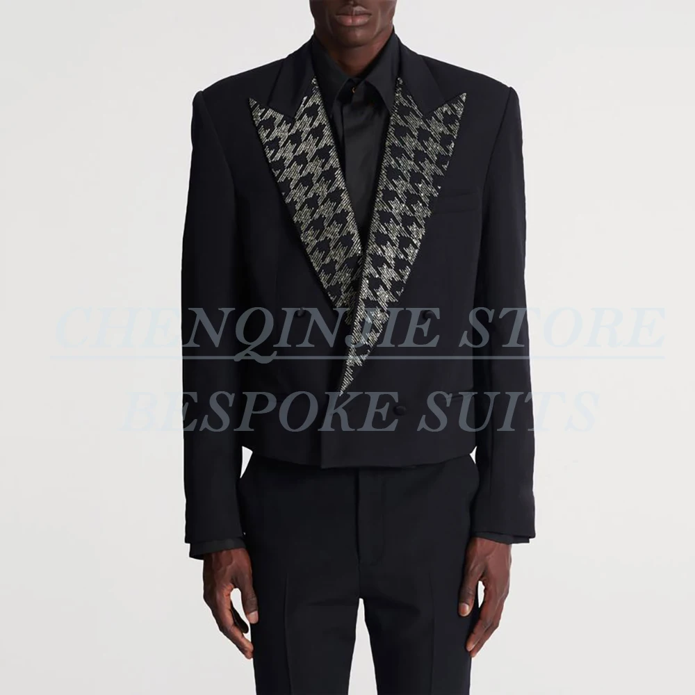 

Customzied Cropped Men's Suits Fashion Skinny Double Breasted Houndstooth Peak Lapel 2 Piece Jacket Pants Male Clothing Costume
