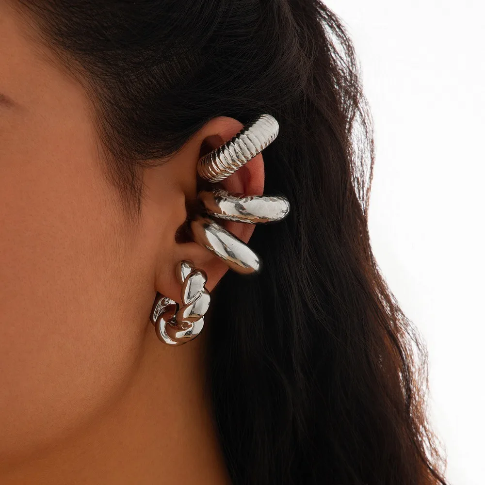 4Pcs/Set New Style Ear Clips for Women, 4 Types of Non-Pierced Ear Clips, C-Shaped Ear Clips, Silver Twisted/Spiral/Chain Style, Non-Pierced Ear Jewelry Gift