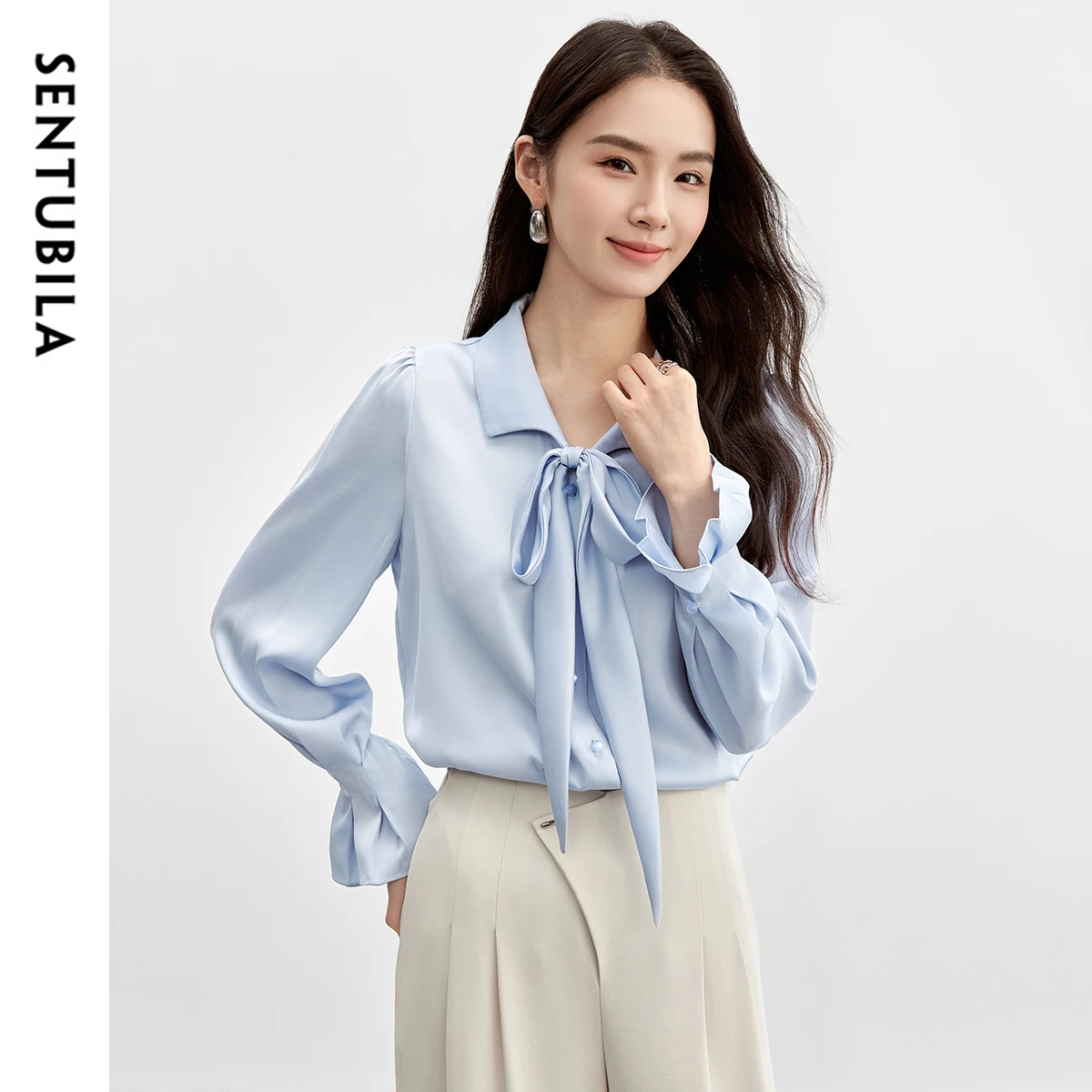 SENTUBILA Women Bow Tie Shirt 2025 Spring Fall Office Lady Petal Sleeve Satin Draped Shirts & Blouses Female Clothes 151C57896
