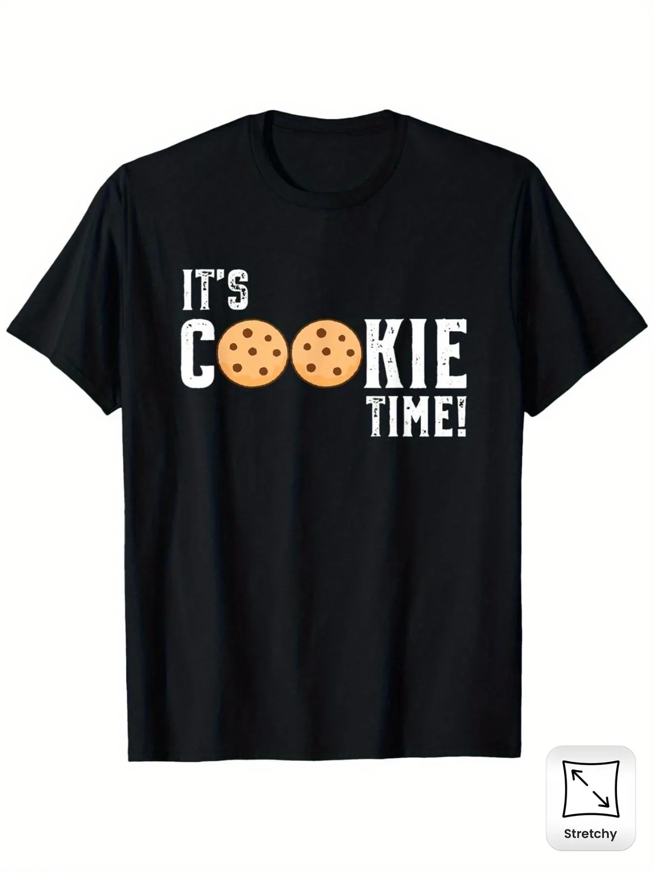 Camiseta Gráfica Negra Divertida para Hombre, con Eslogan 'Cookie Time', Estampado de Letras Gruesas de Galletas con Chispas de Chocolate, Tema de Snacks, 100% Algodón, Manga Corta, Estilo Casual Urbano