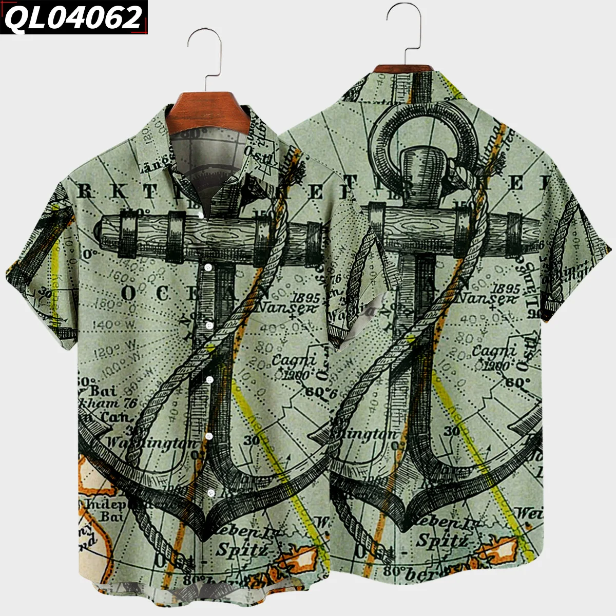 

Hawaiian Beach Harajuku Lapel Shirts 2022 Summer New Men Fashion Short Sleeve Loose Casual Green Navigation Print Shirt