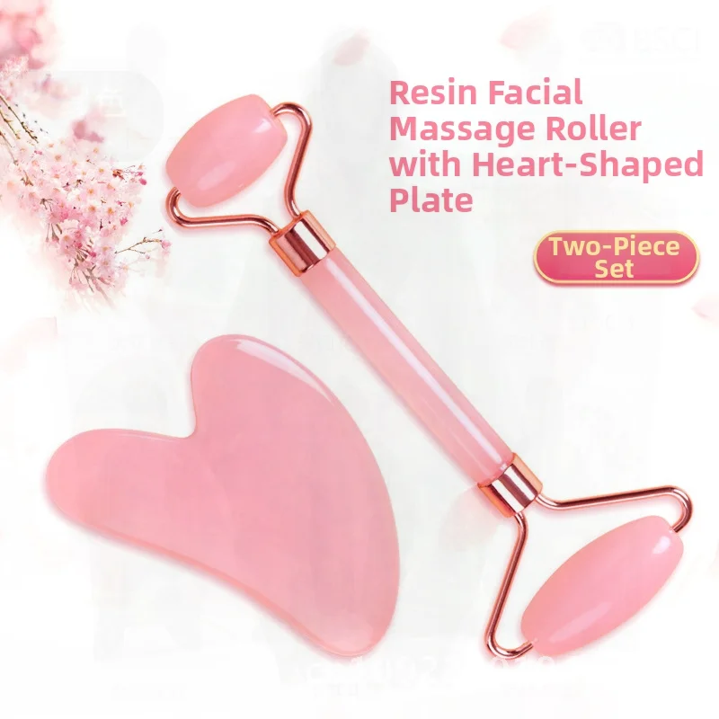 Doppelköpfiges Roller-Massagegerät-Set aus Rosenquarz, Gesichtsschönheitsbrett, manueller Stick für Gesichtsformung und Abnehmen, Rosa, Grün, Schwarz