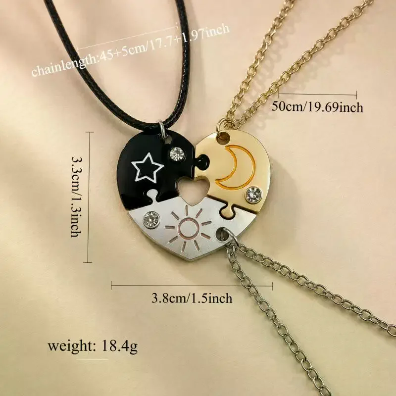 3 Piece Sun Moon Star Heart Puzzle Matching Necklace Set With Sparkly Rhinestones For Best Friend Gifts Daily Wear Birthday