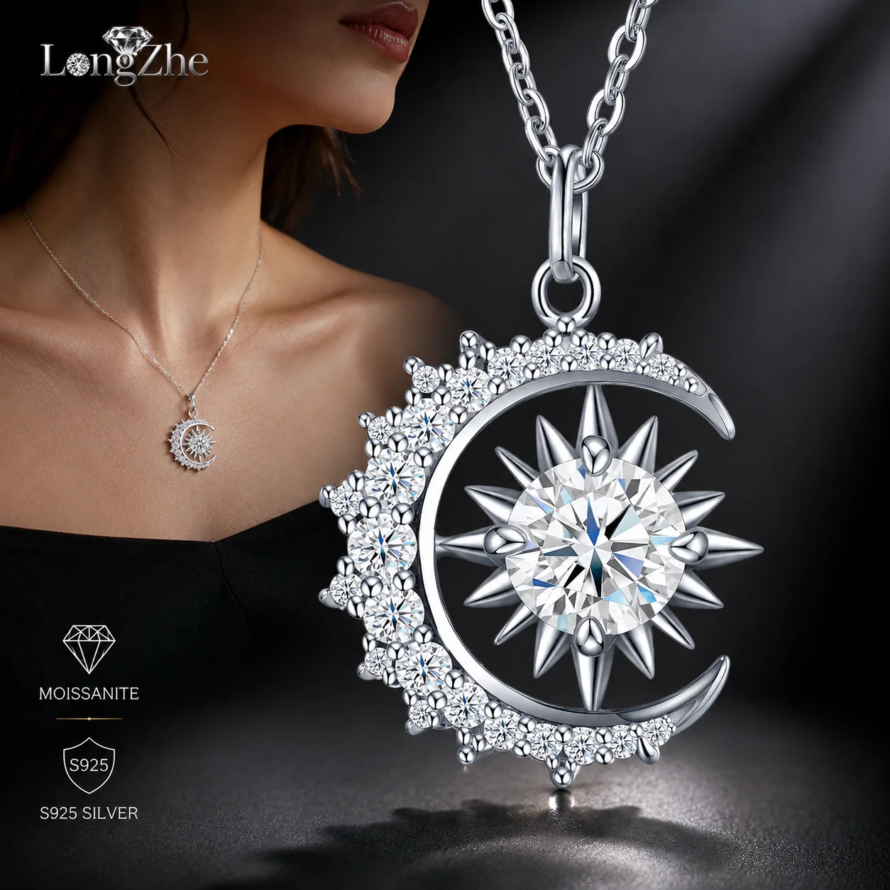 LongZhe Moissanite Pendant Necklace S925 Sterling Silver Crescent Moon Star Pendant 45cm Chain Celestial Jewelry Gift for Women