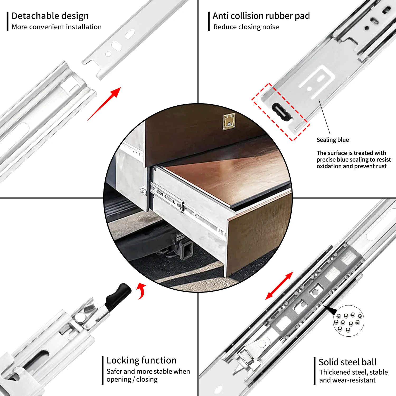 Imagem -03 - Heavy Duty Bloqueio Gaveta Slides Extensão Completa Trilho de Rolamento de Esferas com Bloqueio Montagem Lateral Armário rv Tool Box Runner 150 lb Par