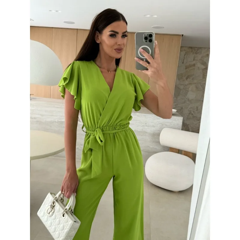 

Women Solid Color Long Playsuit Sexy Ladies V-neck Short Sleeve Straight Elegant Jumpsuit Fashion Lace-up Hight Waist Playsuit