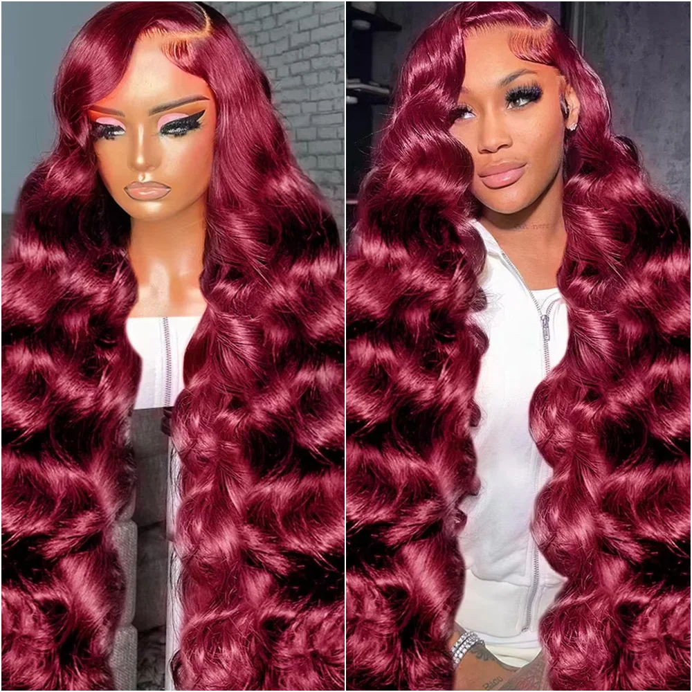 

34 Inch 99J Burgundy 13x6 Transparent Body Wave HD Lace Frontal Human Hair Wig 200 Density 13x4 Lace Front Wigs Red Colored Wigs