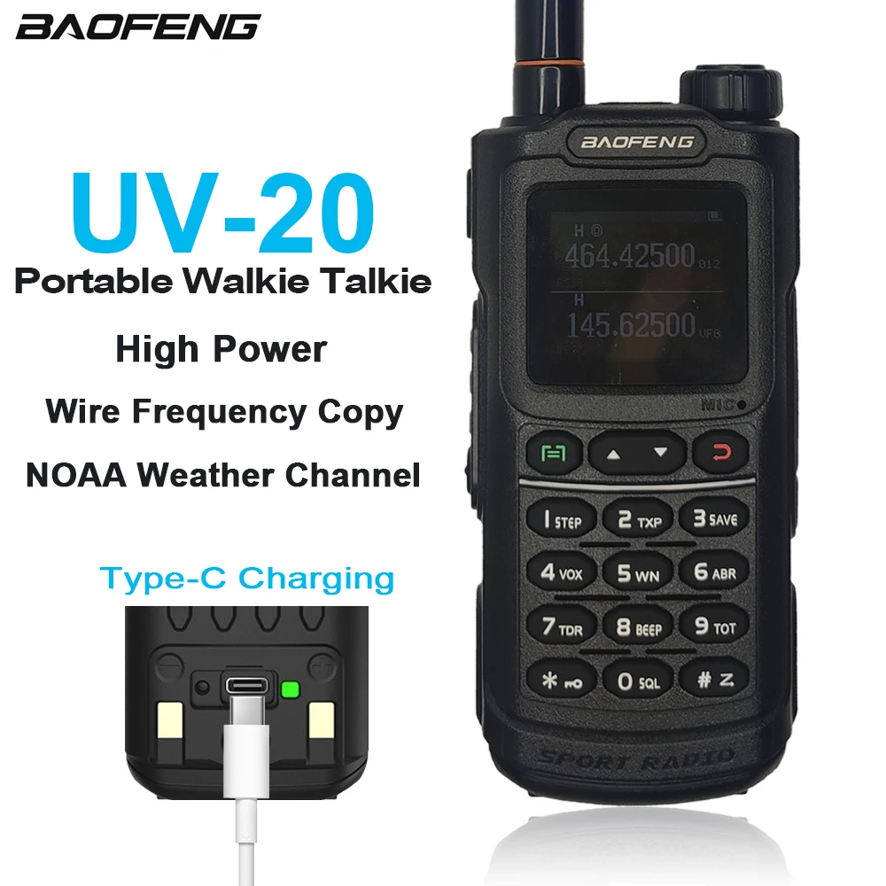 BAOFENG UV-20 Portable Walkie Talkie BF-UV20 Two Way Radios Real 5W 1800mAh 999 Channels Sport FM Radio NOAA Type-C Charging