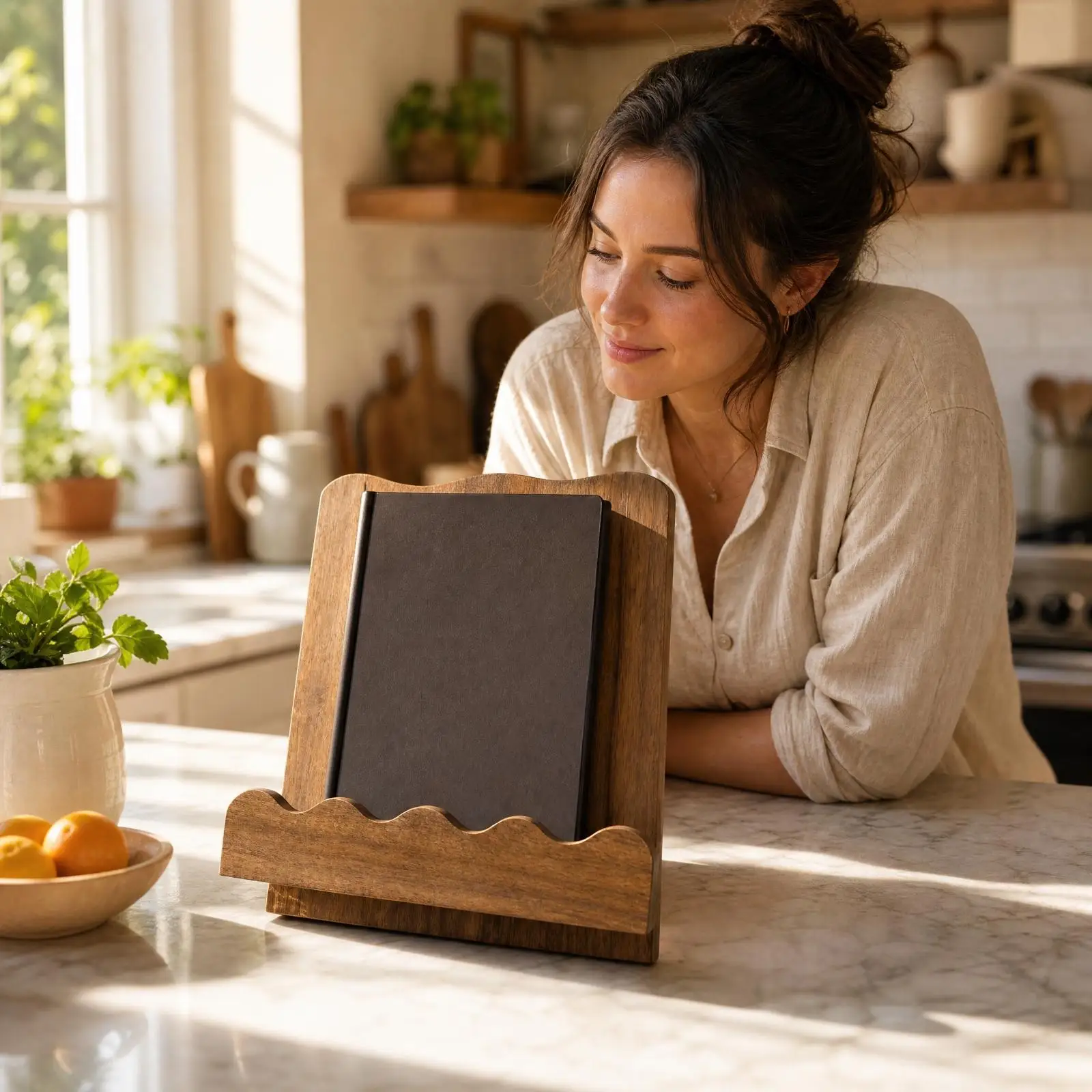 Wooden Recipe Book Stand with Angled Back Support for Kitchen Countertop Cookbook Holder Display