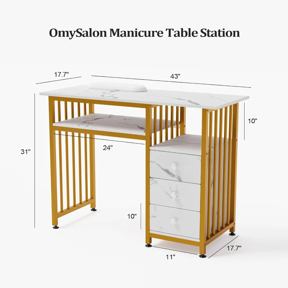 

Wooden Drawer Storage, Gold & White Marbling Nail Desk for Nail Technicians
