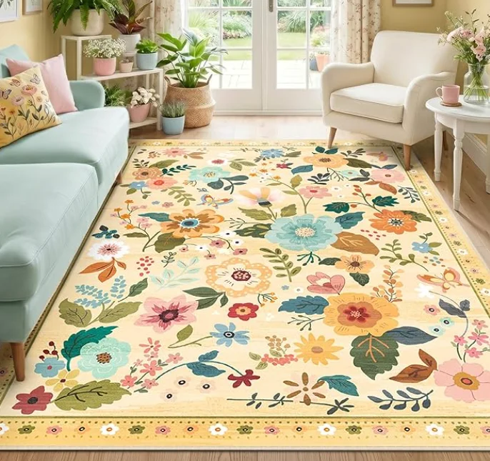 Orange Floral Boho Rug Vintage Flower Non Slip Washable Indoor Floor Carpet Mat for Living Room Bedroom Home Decor Doormat - view 4