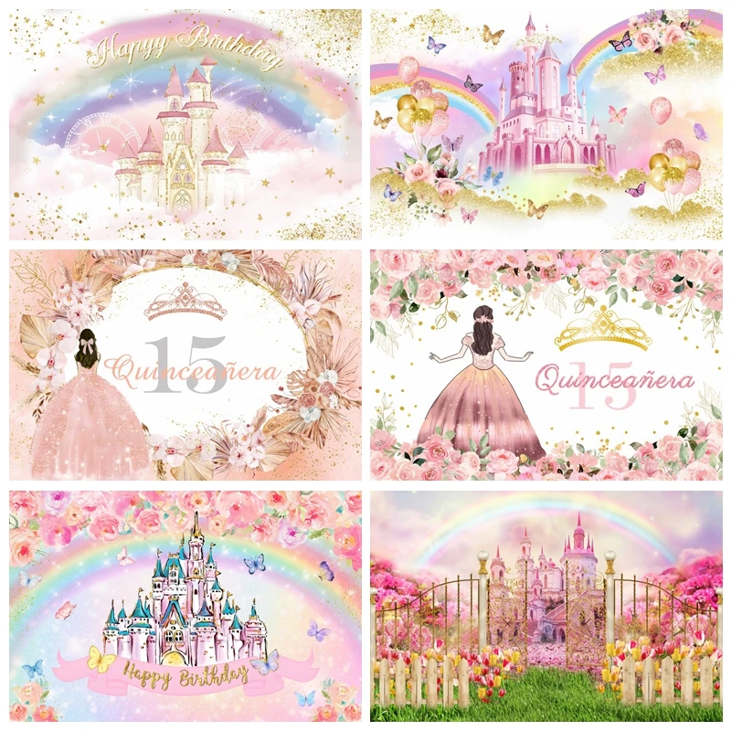 

Rainbow Castle Girl's Birthday Backdrops For Photography Bar Mitzvah Party Decor Background Baby Family Photo Photographic Prop