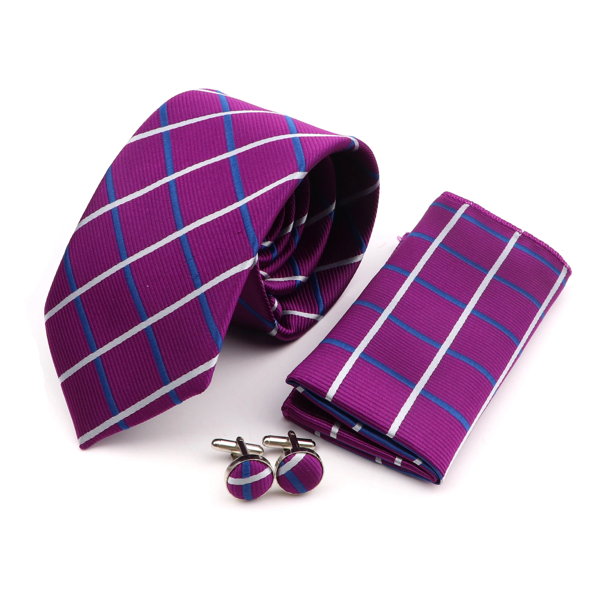 Men's Business Tie Pocket Square Cufflinks Set Plaid Striped NeckTie Ties For Men Formal Luxury Wedding High Quality Gravata