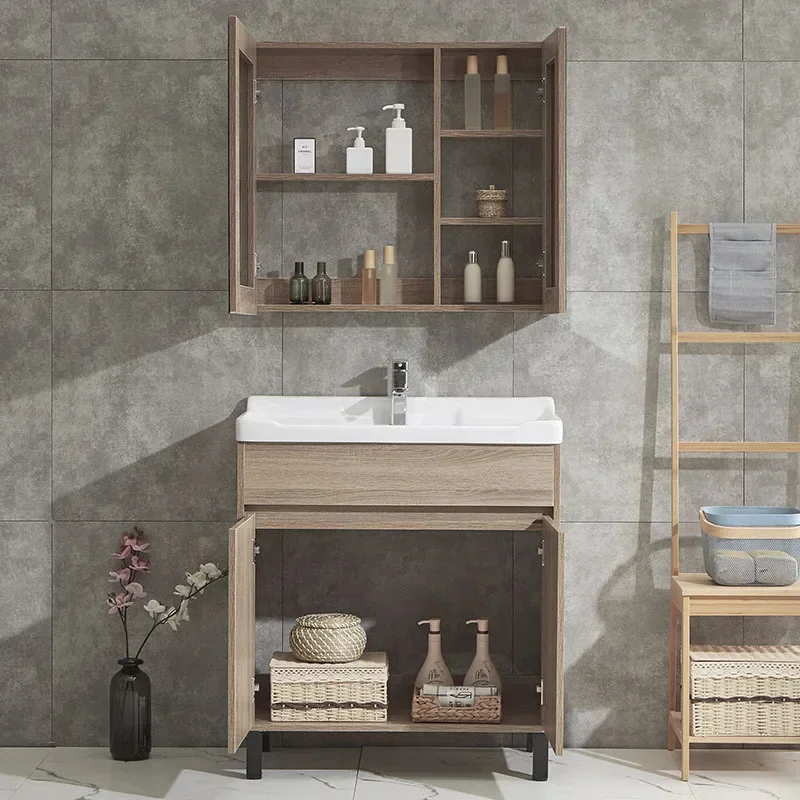 Compact Bathroom Floor Cabinets Ceramic Integrated Washbasin Solid Wood Bathroom Vanity Designer Archivadores Trendy Furniture