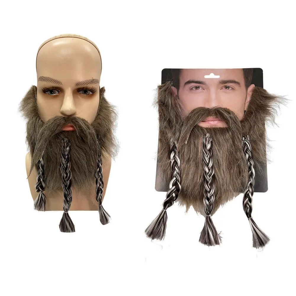 

Funny Full Beard with 3 Braids Handlebar Mustache Brown Pirate Beard Holiday Dance Party Props