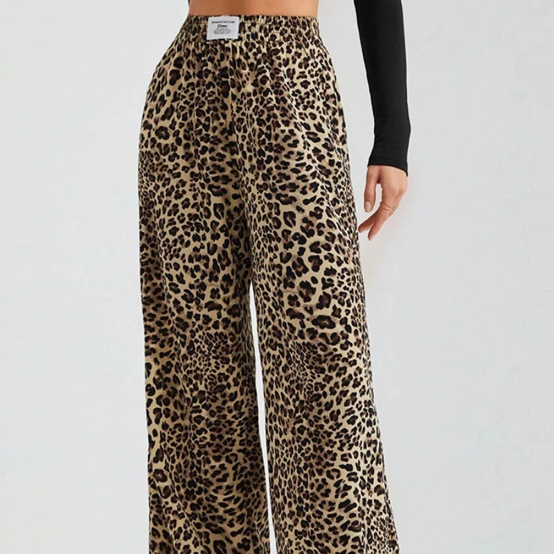 Women Leopard Print Wide Leg Pants Elastic Drawstring High Waist Casual Loose Trousers
