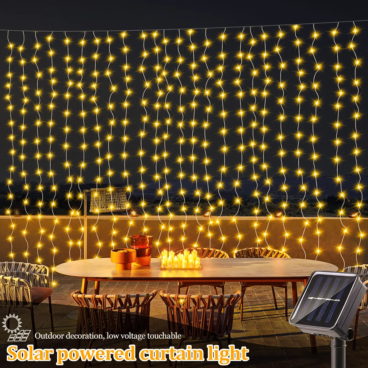 300 LED Solar Courtyard Curtain Lights Outdoor Waterproof Fairy String Lights With 8 Modes for Garden Window Bedroom Wedding image 2