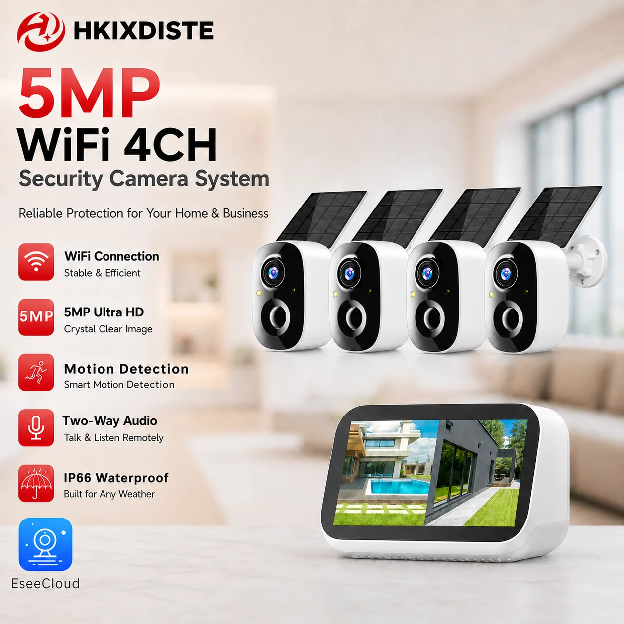 5MP Solar WiFi Camera System Wireless CCTV Security Kit 4CH NVR with Outdoor Cameras Motion Detection Two Way Audio Remote View